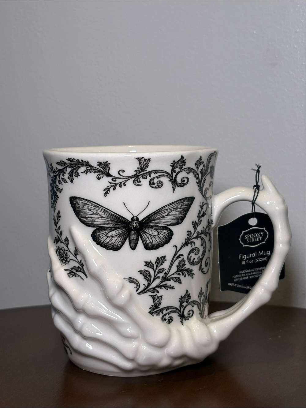Spooky Street White Moth Figural Mug with Skeletal Handle